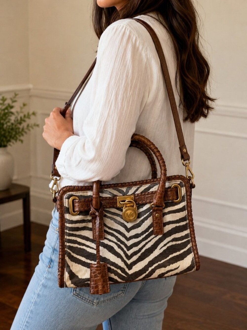 Michael Kors Hamilton Whipped Zebra Canvas Satchel Brown Leather Shoulder Bag
